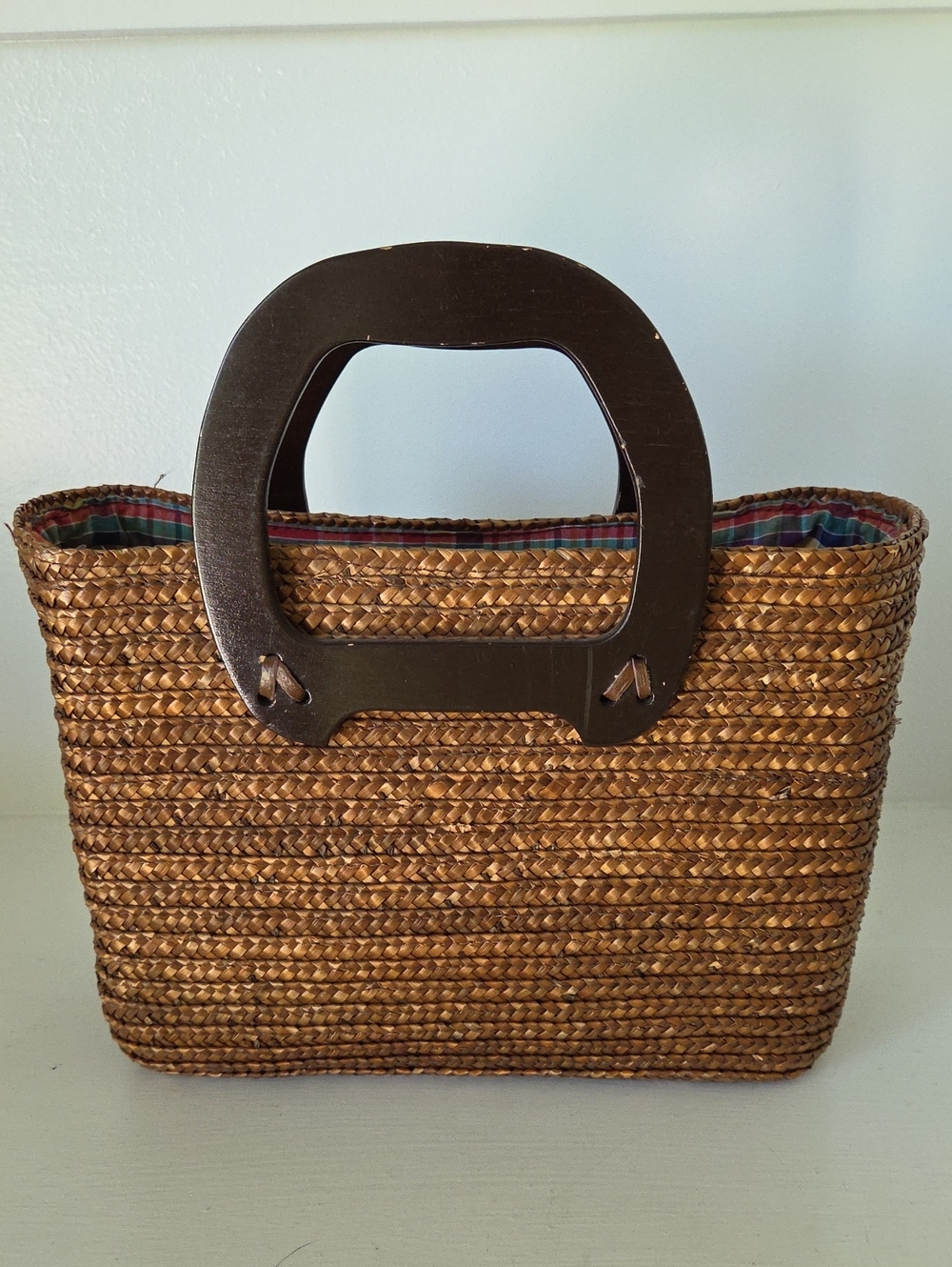 Woven Straw Tote Bag with Dark Wood Handles - Brown